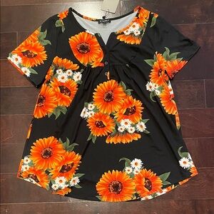 Women’s Vibrant Floral Black and Orange Sunflower Blouse Size M
